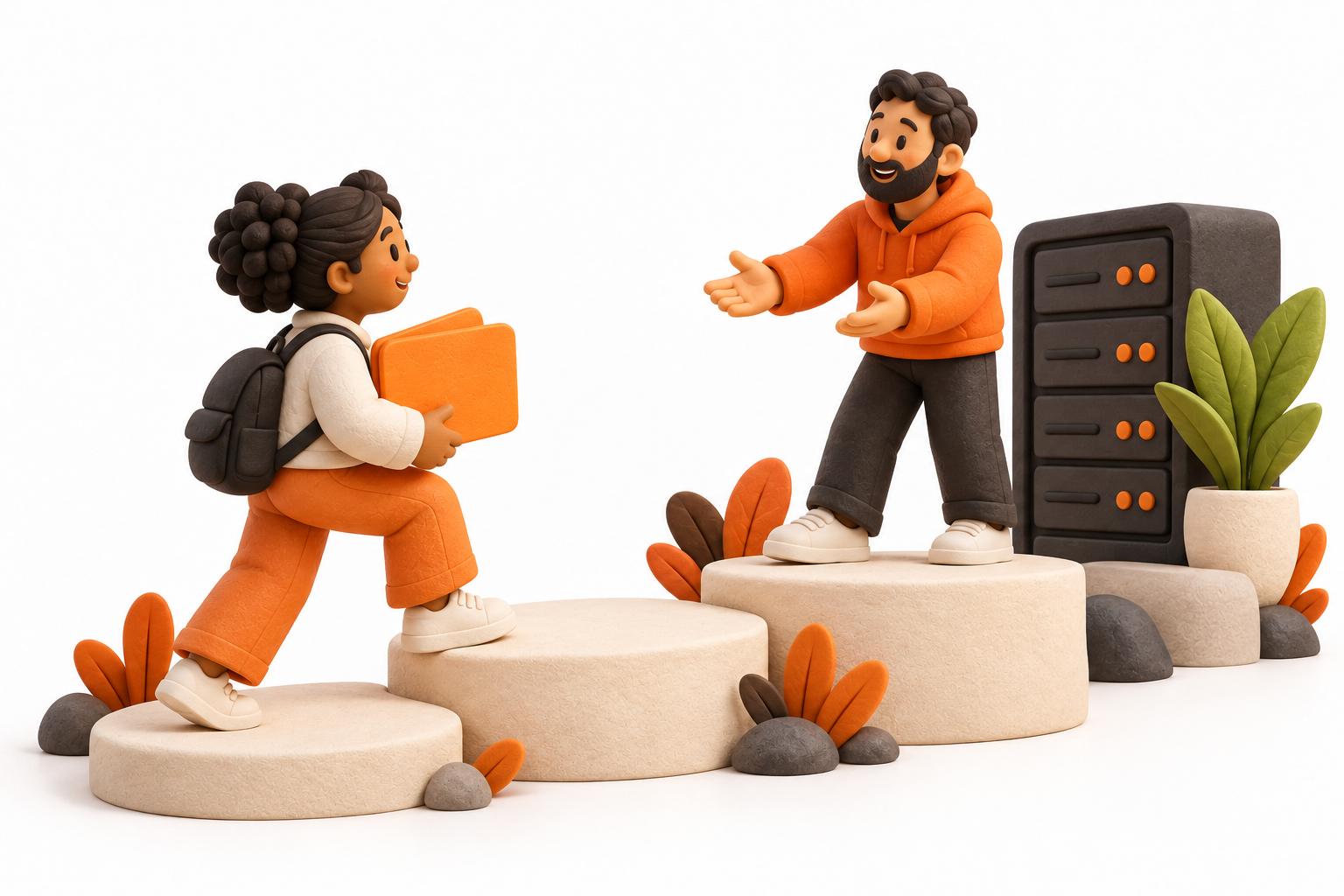 Banner: A validator operator carries a blank orange application folder across three cream stepping platforms toward a welcoming reviewer and small server rack.