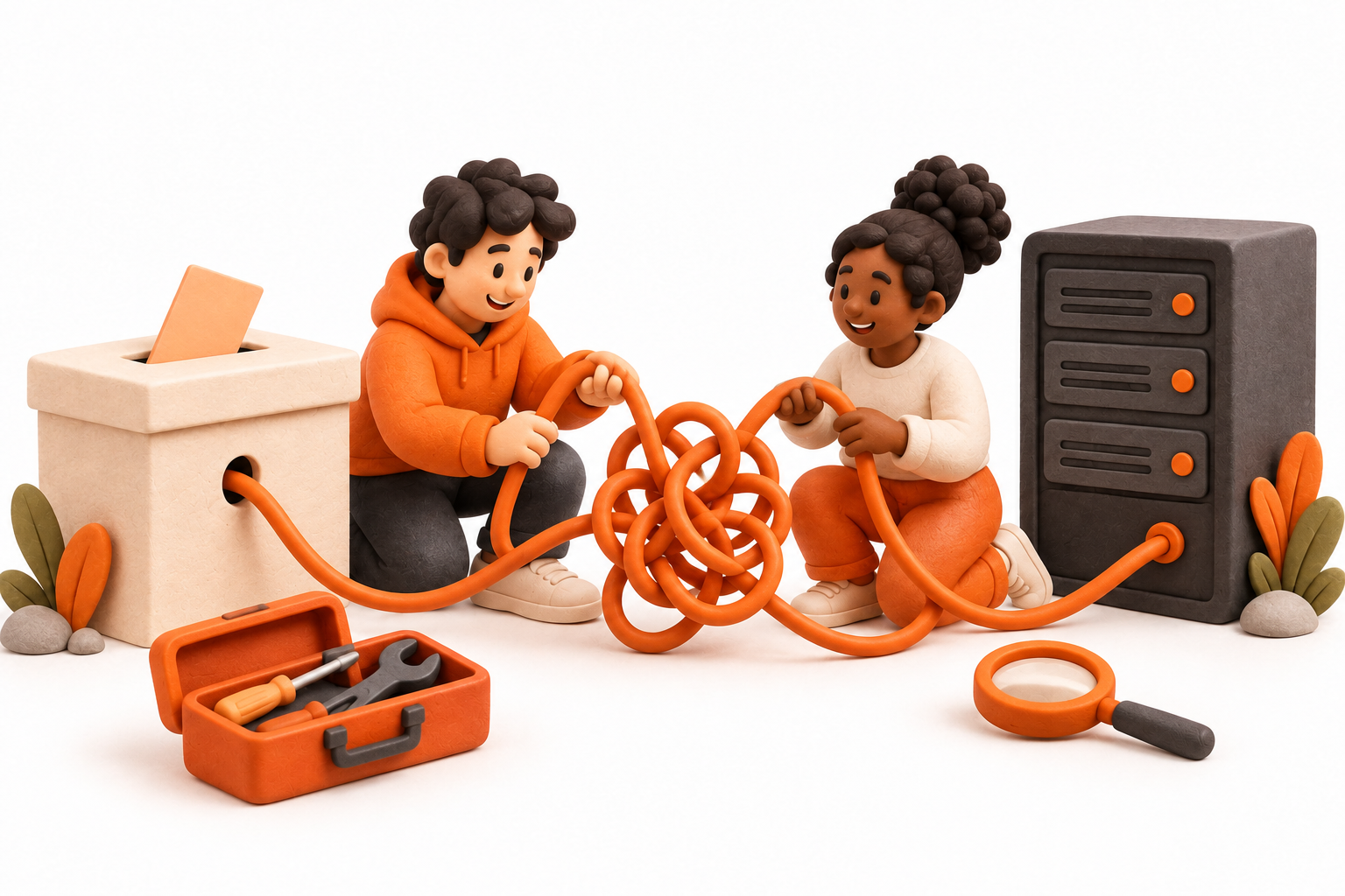Banner: Two patient helpers untangle one orange cord between a cream ballot box and a server tower, with a small magnifying glass and simple toolkit.