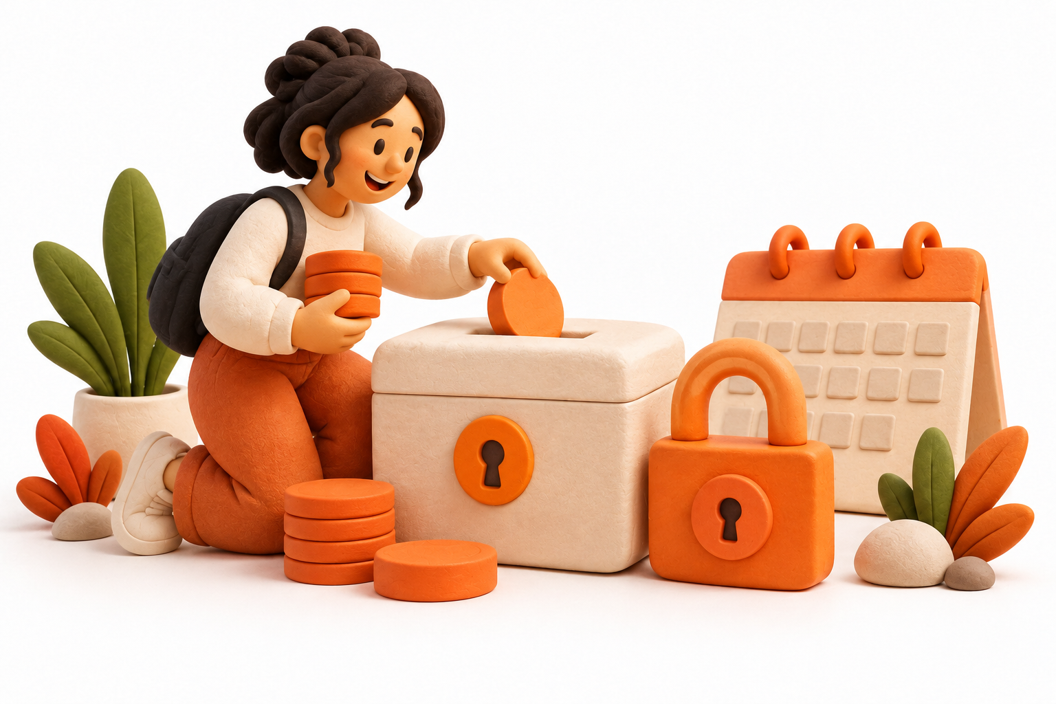 Banner: A participant adds plain orange token discs to a cream lockbox beside one orange padlock and one blank calendar block, representing additional tokens sharing a single lock expiry.