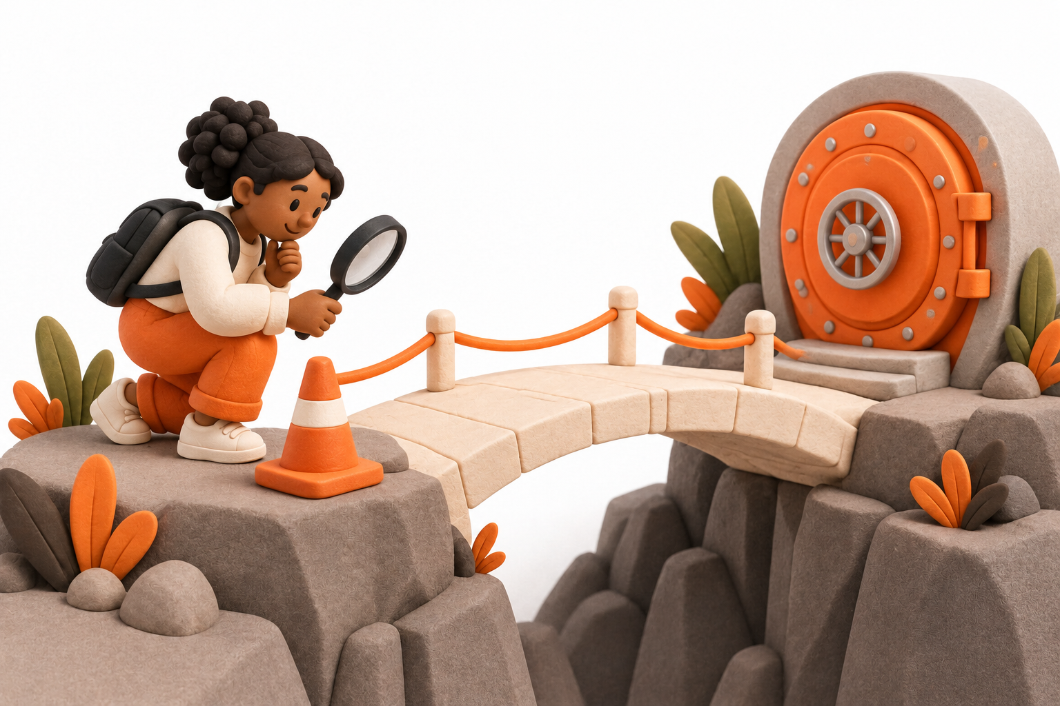 Banner: An attentive person examines a cream bridge with a magnifying glass before crossing toward a small orange vault, with a modest orange caution cone.
