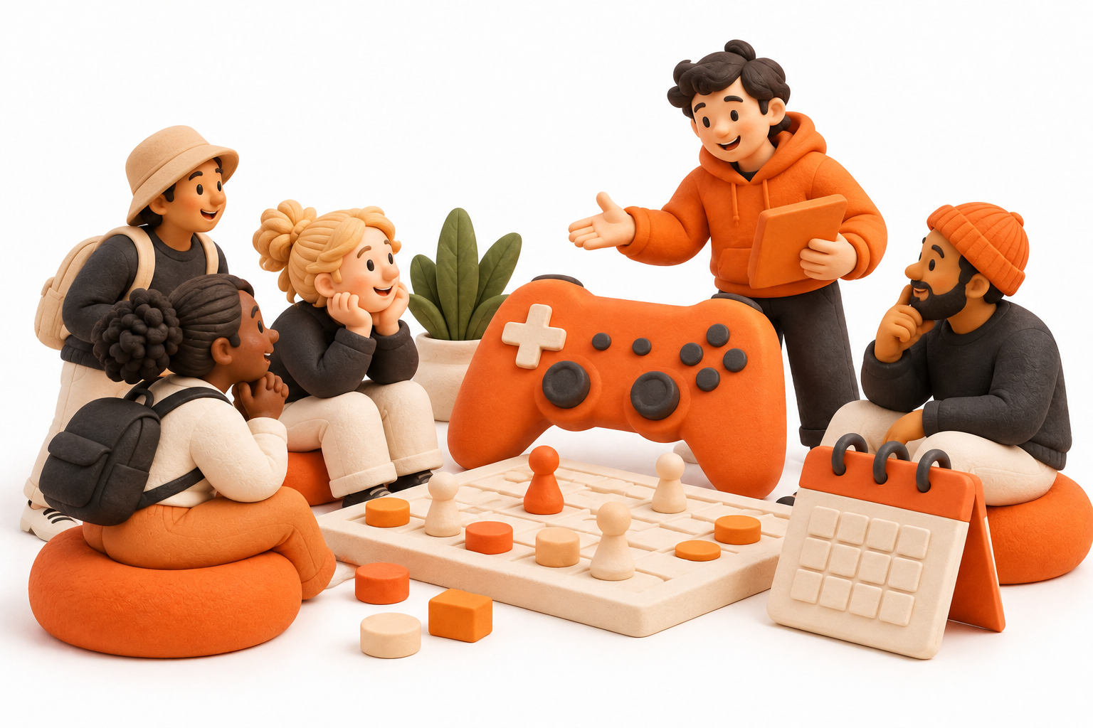 Banner: A friendly host welcomes a small group around an oversized orange game controller and a cream game board with simple rounded pieces, with a blank calendar card nearby.