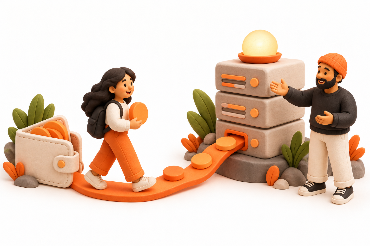 Banner: A validator operator welcomes a staker whose orange path leads from a cream wallet directly to their server tower.