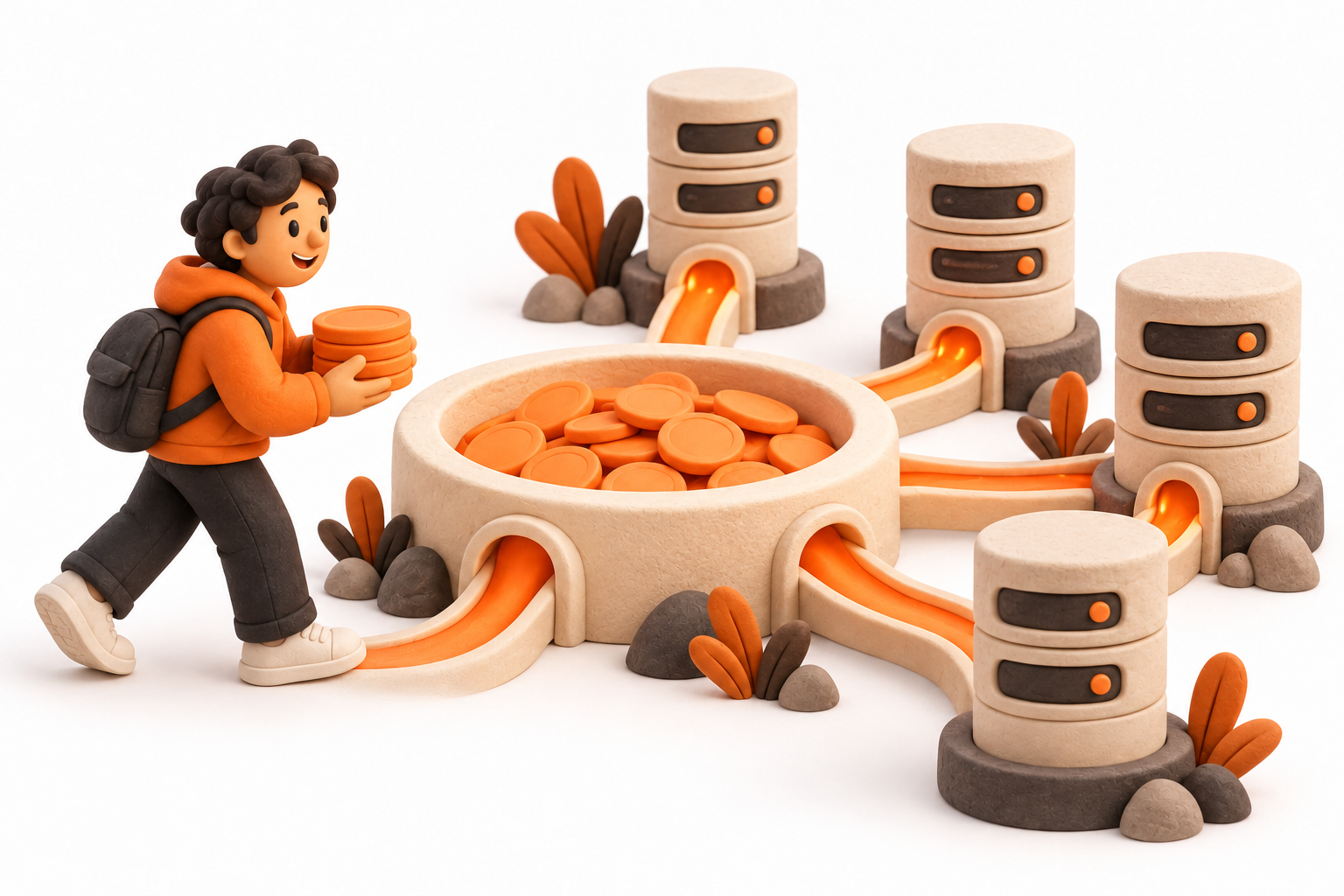 Banner: A new validator operator approaches a central cream reservoir holding plain orange token discs, with channels leading to several server towers.