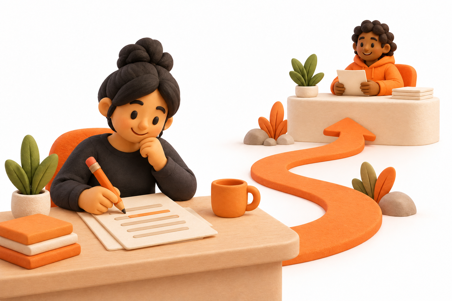 Banner: An operator revises a cream application sheet at a desk, with an orange pencil and a gentle curved path leading back to a review desk, suggesting improvement and reapplication.