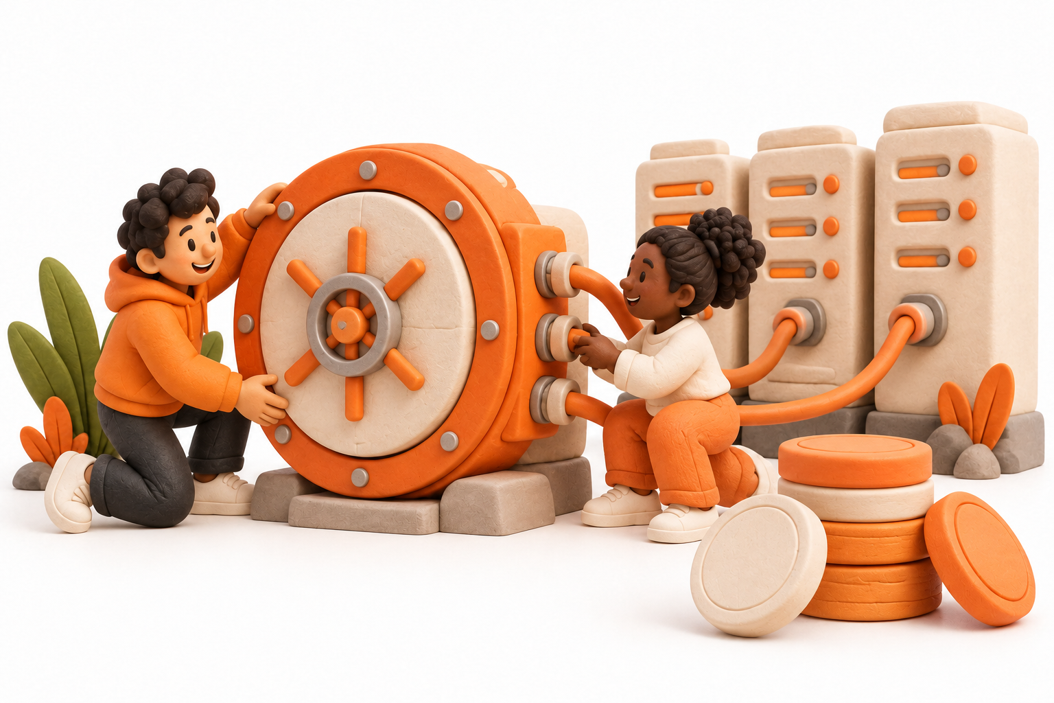 Banner: Two collaborators connect a customizable orange-and-cream vault module to a tidy network of server towers, beside blank modular token discs.