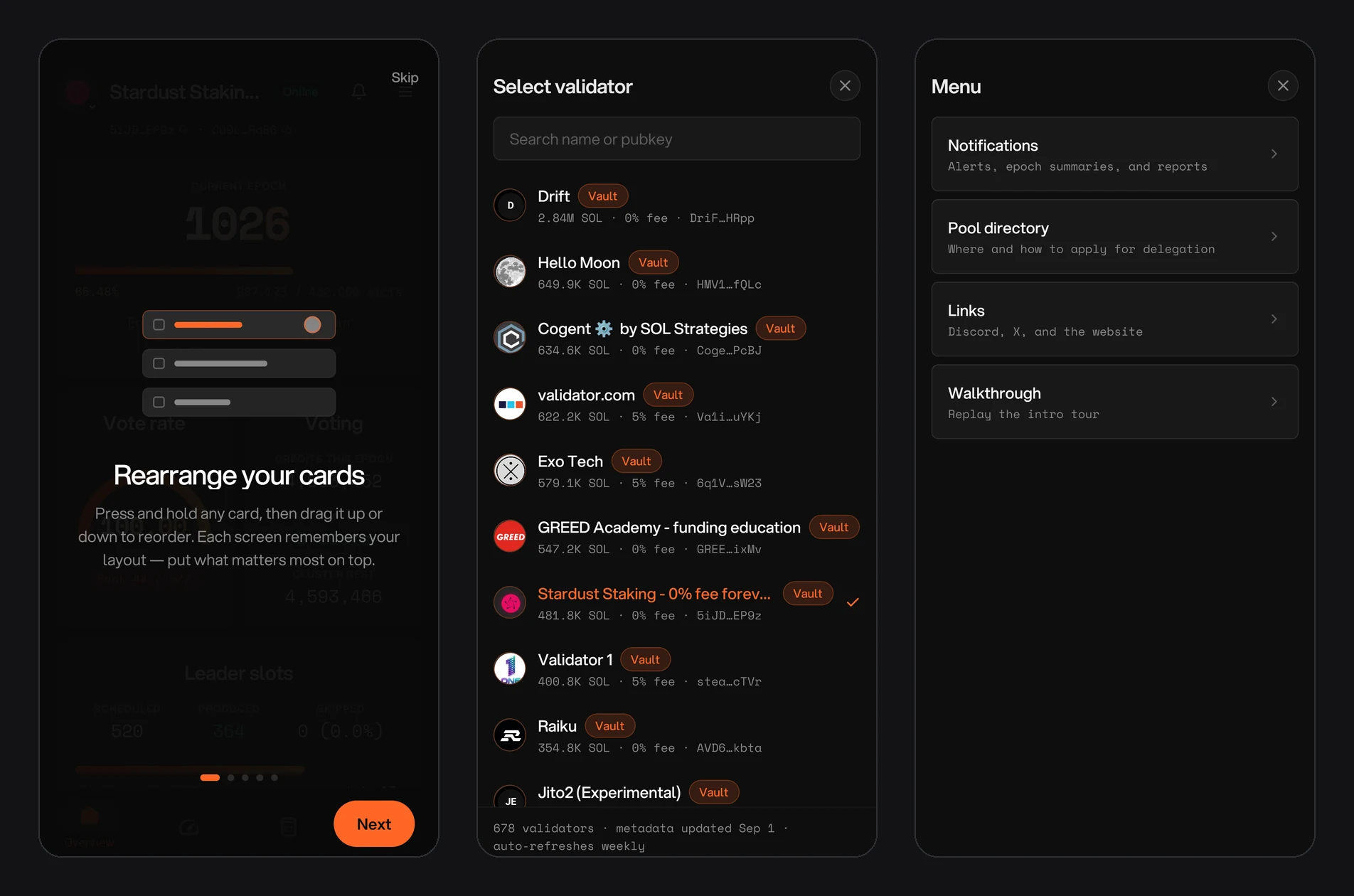 The rearrange-cards tip from the intro tour, the validator picker and the app menu