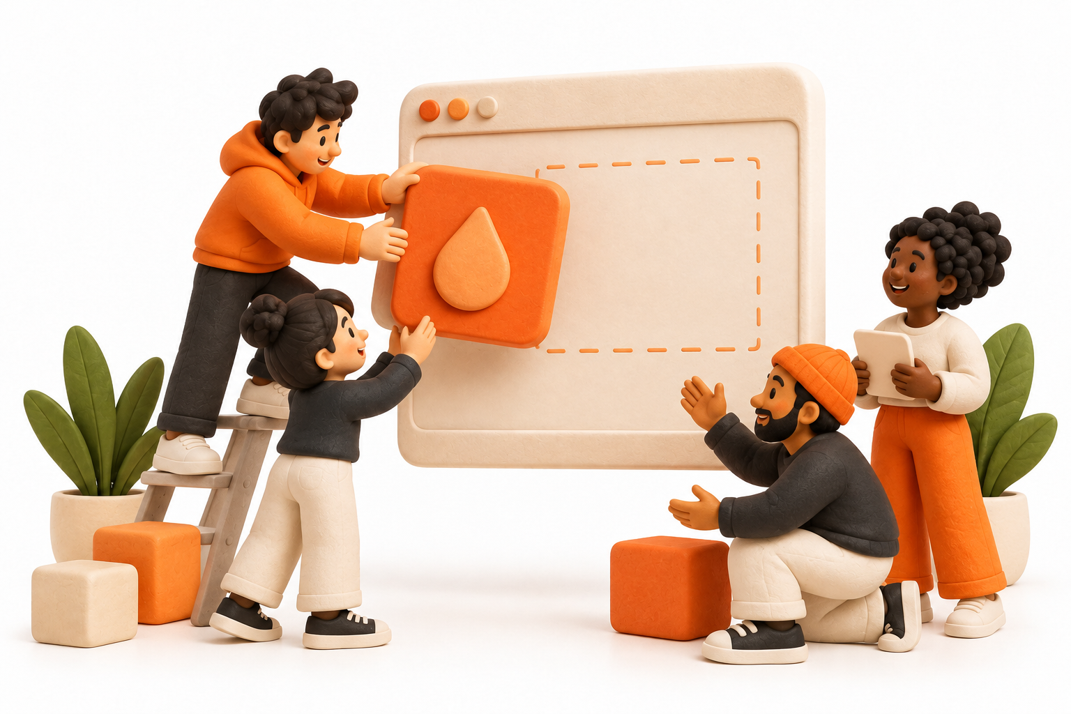 Banner: A developer places a small orange liquid-droplet module into a cream browser-shaped frame with a blank screen, illustrating an embeddable staking widget.