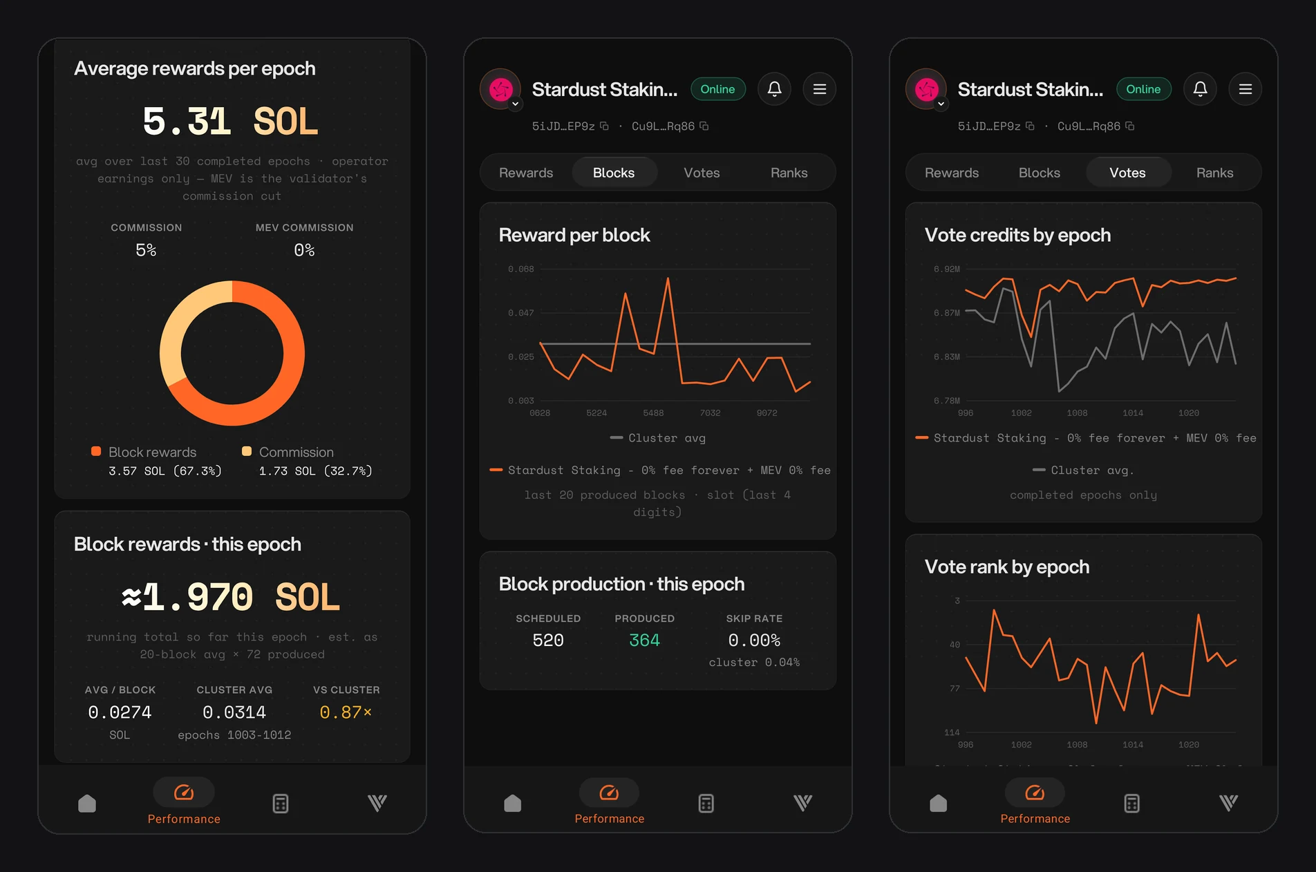 Performance tab: Rewards, Blocks and Votes sub-tabs
