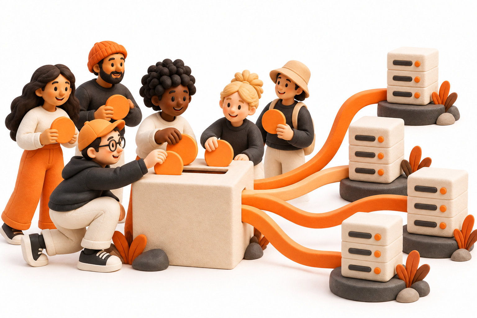 Banner: Community voters place plain orange ballot discs into a cream ballot box; several orange branching ribbons connect it to validator server towers.