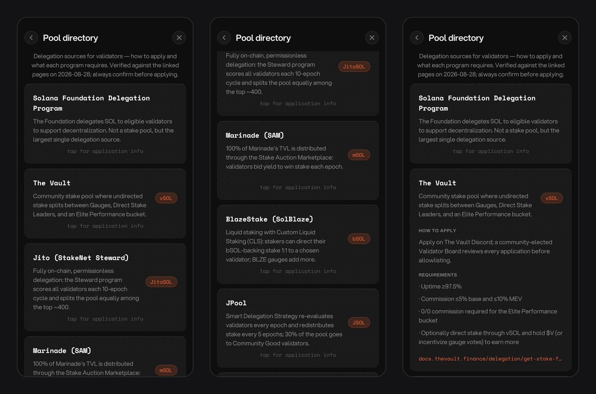 Pool directory list, and The Vault entry expanded with how to apply and requirements