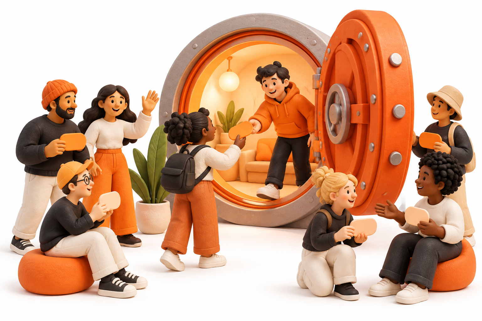 Banner: Illustration of community members sharing badges and welcoming one another at an open orange vault.