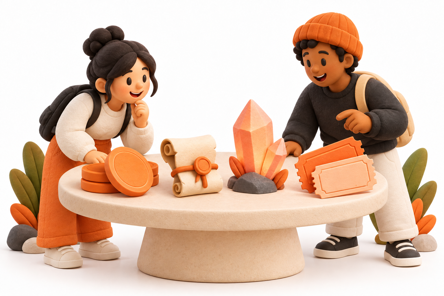 Banner: Four equal sculptural objects on a cream community table: a few plain orange credit discs, one rolled parchment quest scroll, a faceted peach crystal and a pair of blank perforated orange raffle tickets.