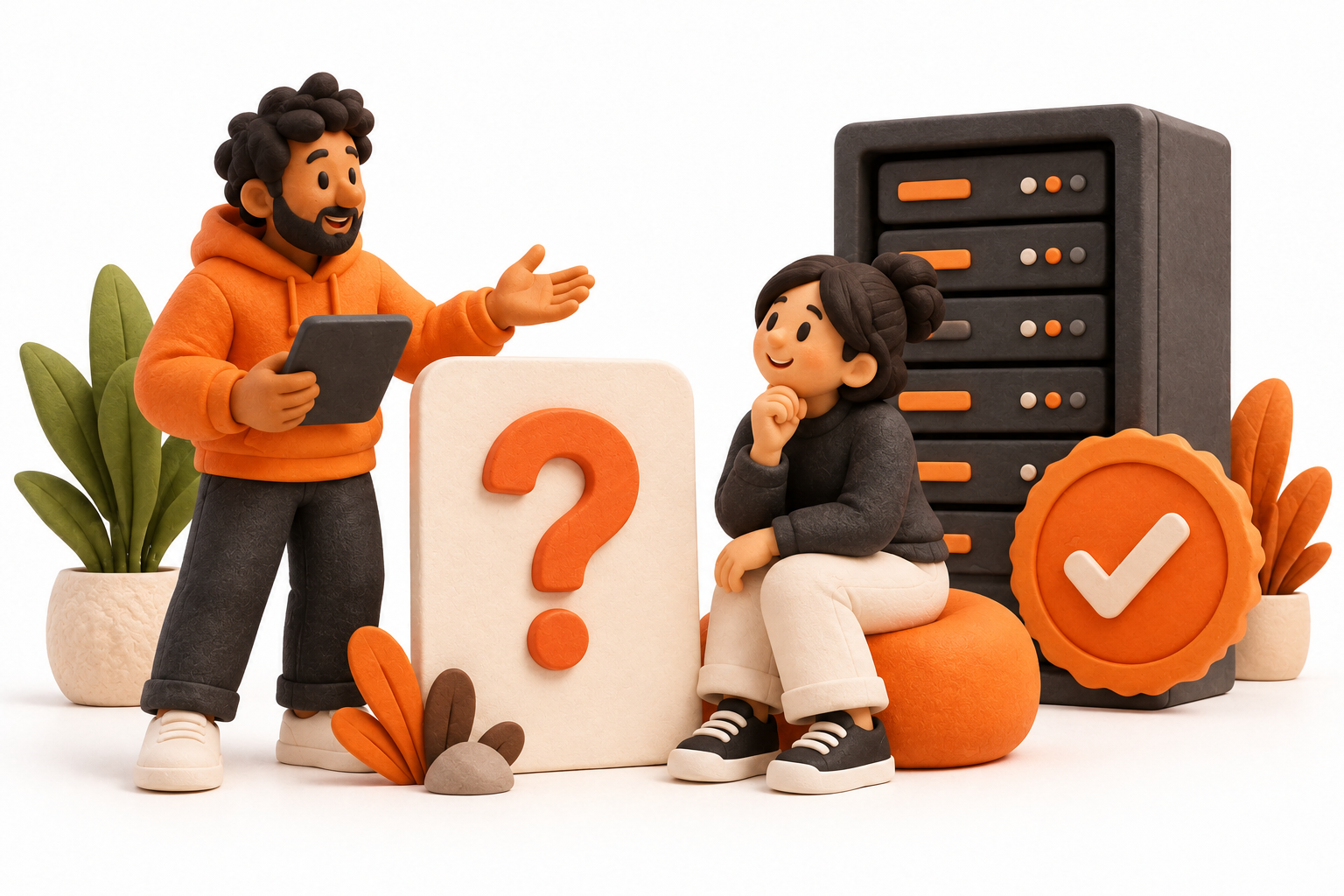 Banner: Two friendly server operators discuss a blank cream question-card beside a small server rack and a simple orange approval medallion.