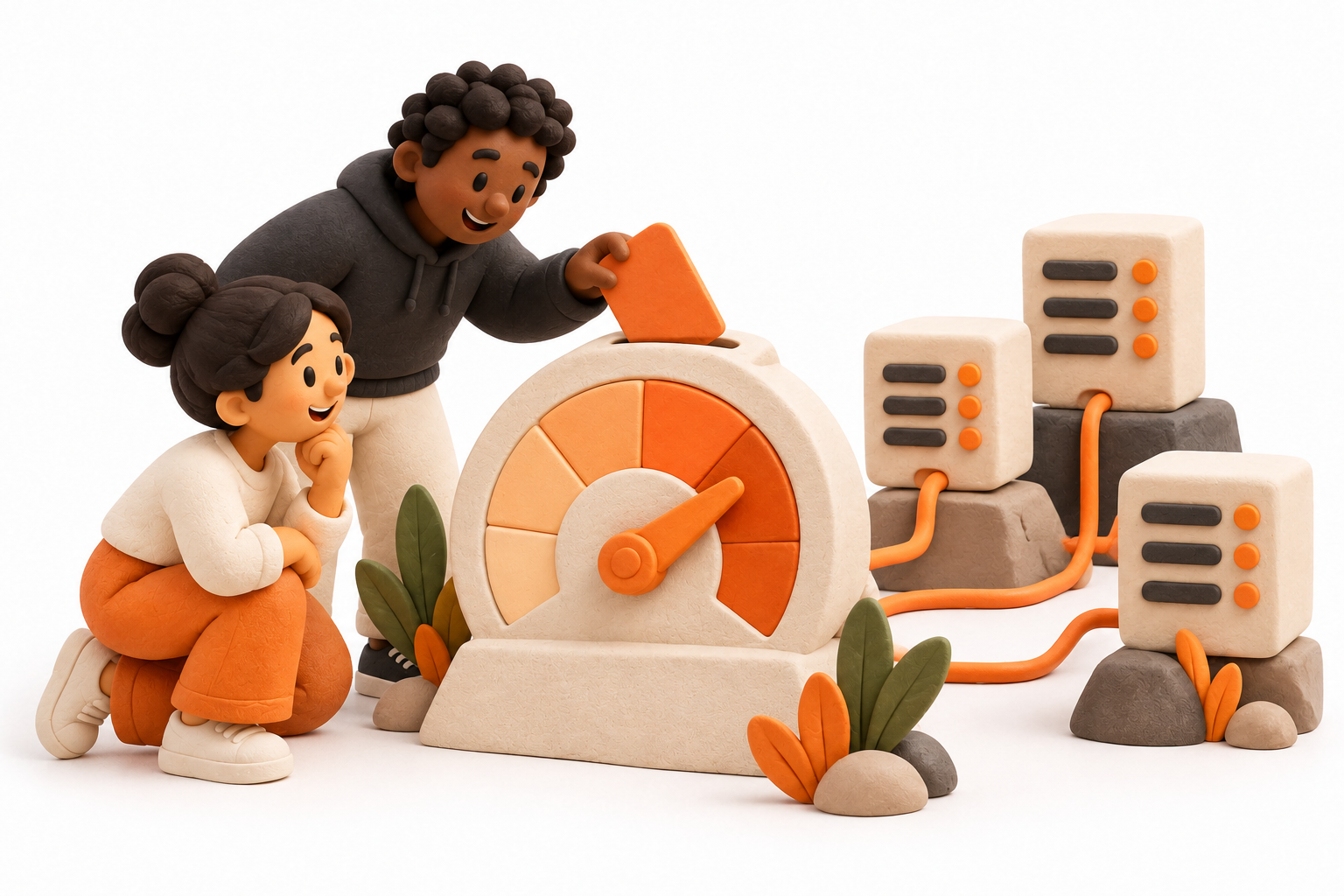 Banner: Two people examine a cream model of a voting dial, an orange ballot card and small validator server towers connected by thin paths.