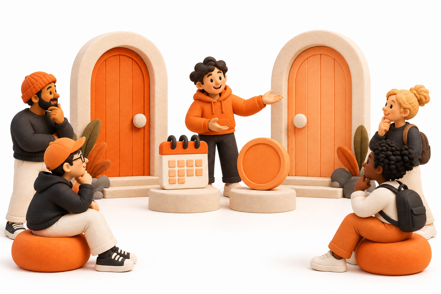 Banner: A guide offers a choice between two cream doors, with an orange calendar tile and a plain token disc between them, illustrating a time-limited financial choice without profit claims.