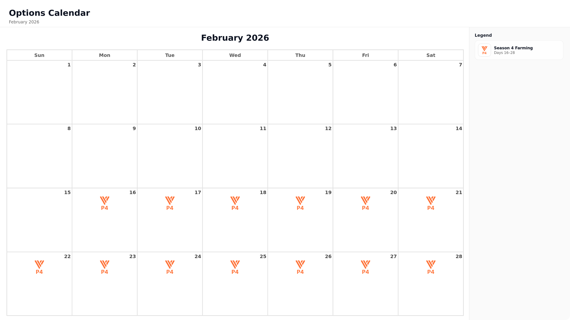 Options calendar for February 2026