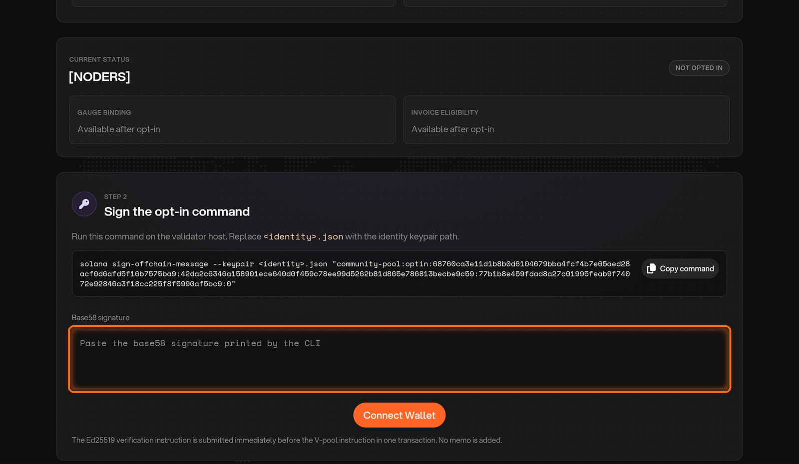 The Base58 signature field below the validator's offline signing command.