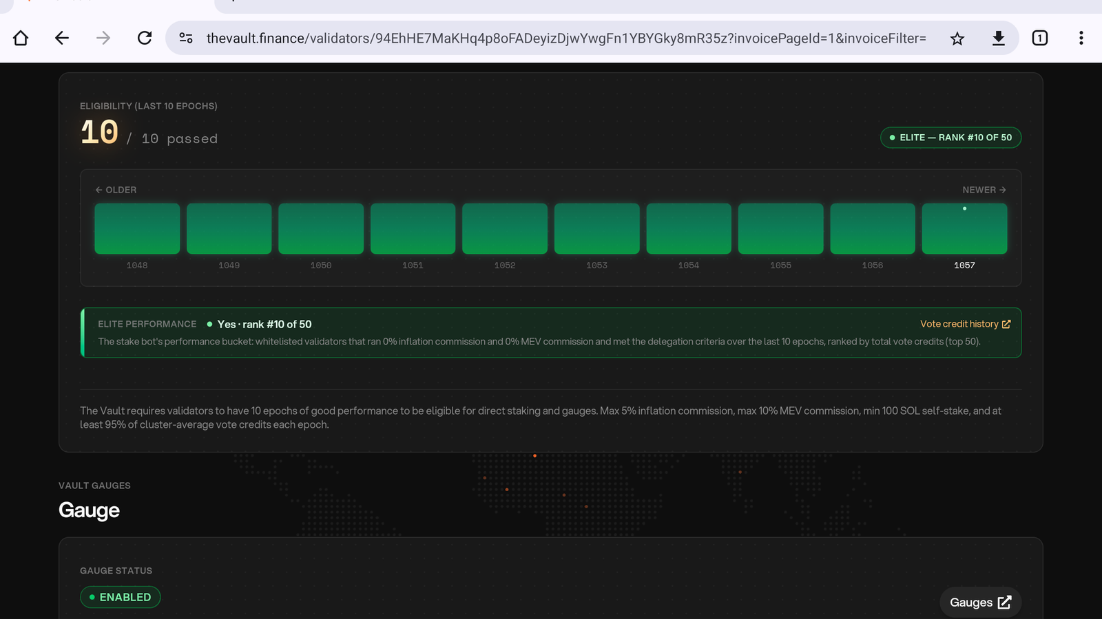 Historical main-bucket invoices on an example validator dashboard; Community Pool invoices have their own source and VLP settlement token.