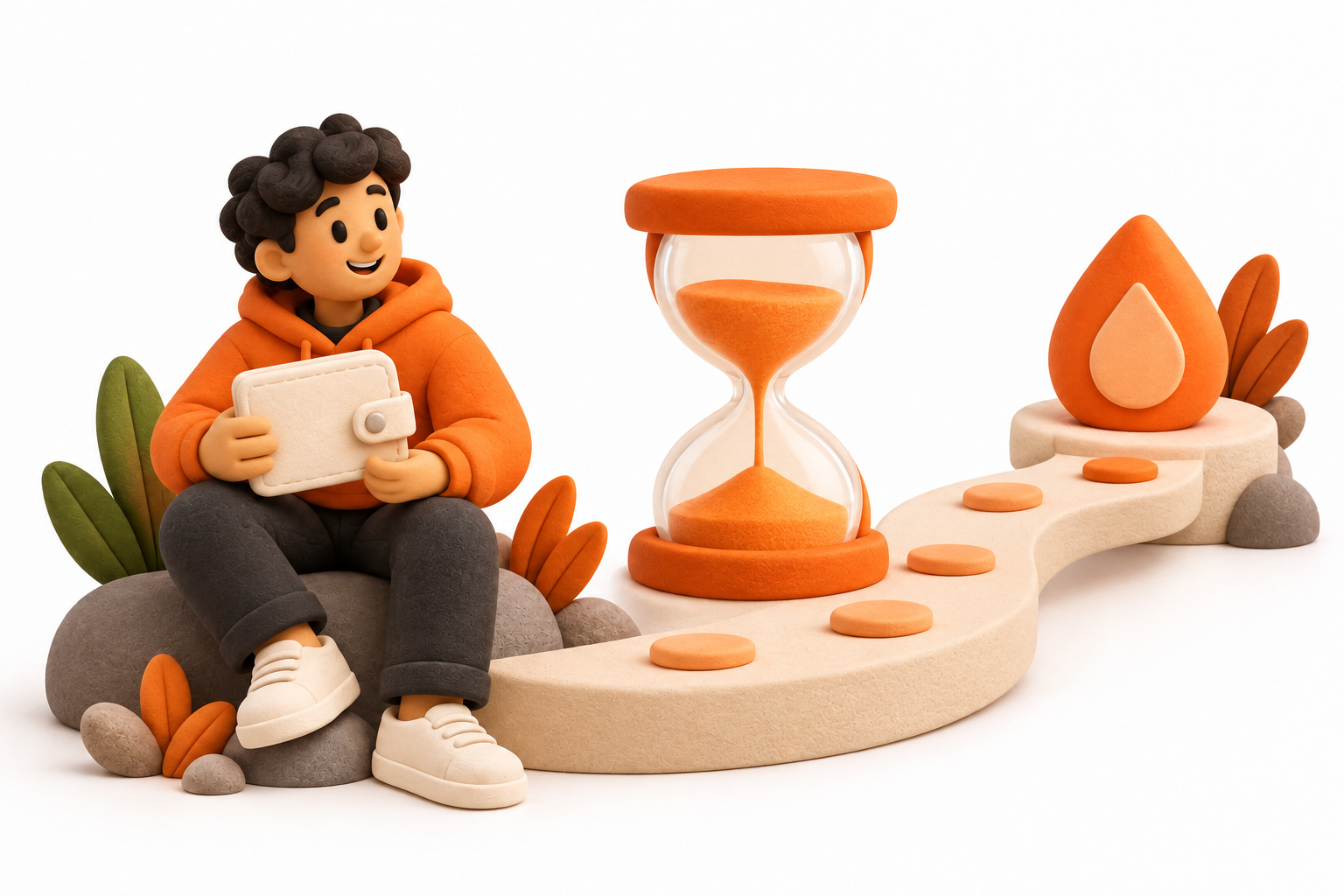 Banner: A participant holds a simple cream wallet beside an orange hourglass and an orange droplet token resting on a curved waiting path.