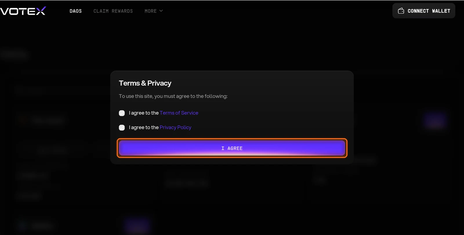 Votex Terms and Privacy dialog