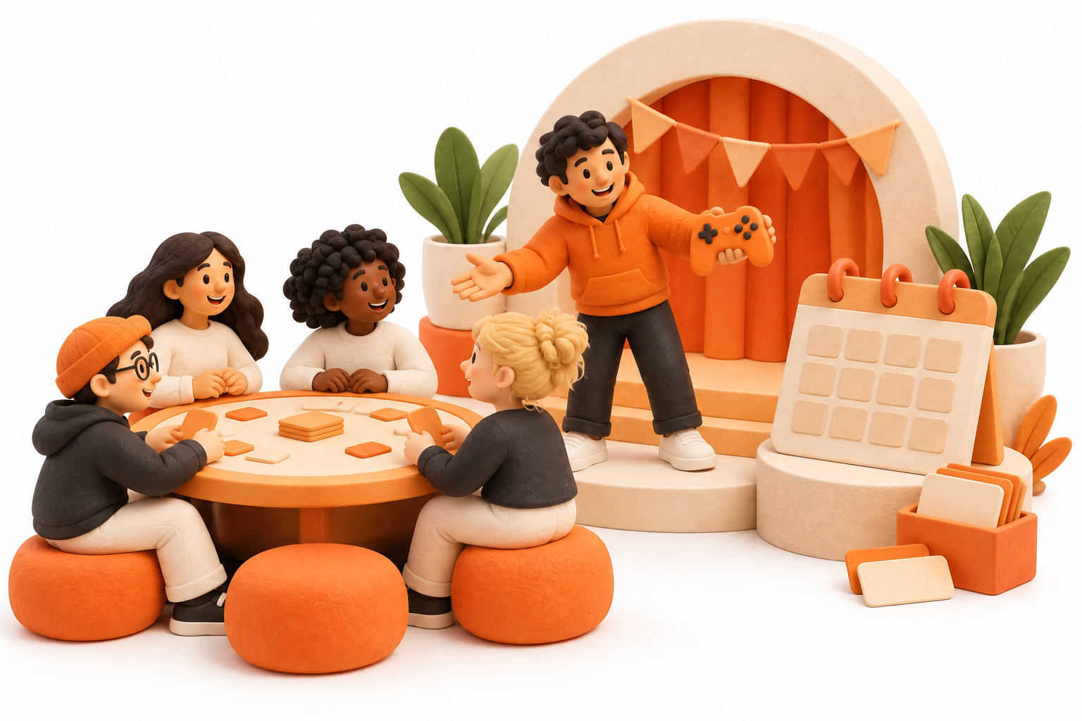 Banner: A friendly community game host stands beside a small cream event stage, holding an orange game controller and inviting participants to join a round game table.