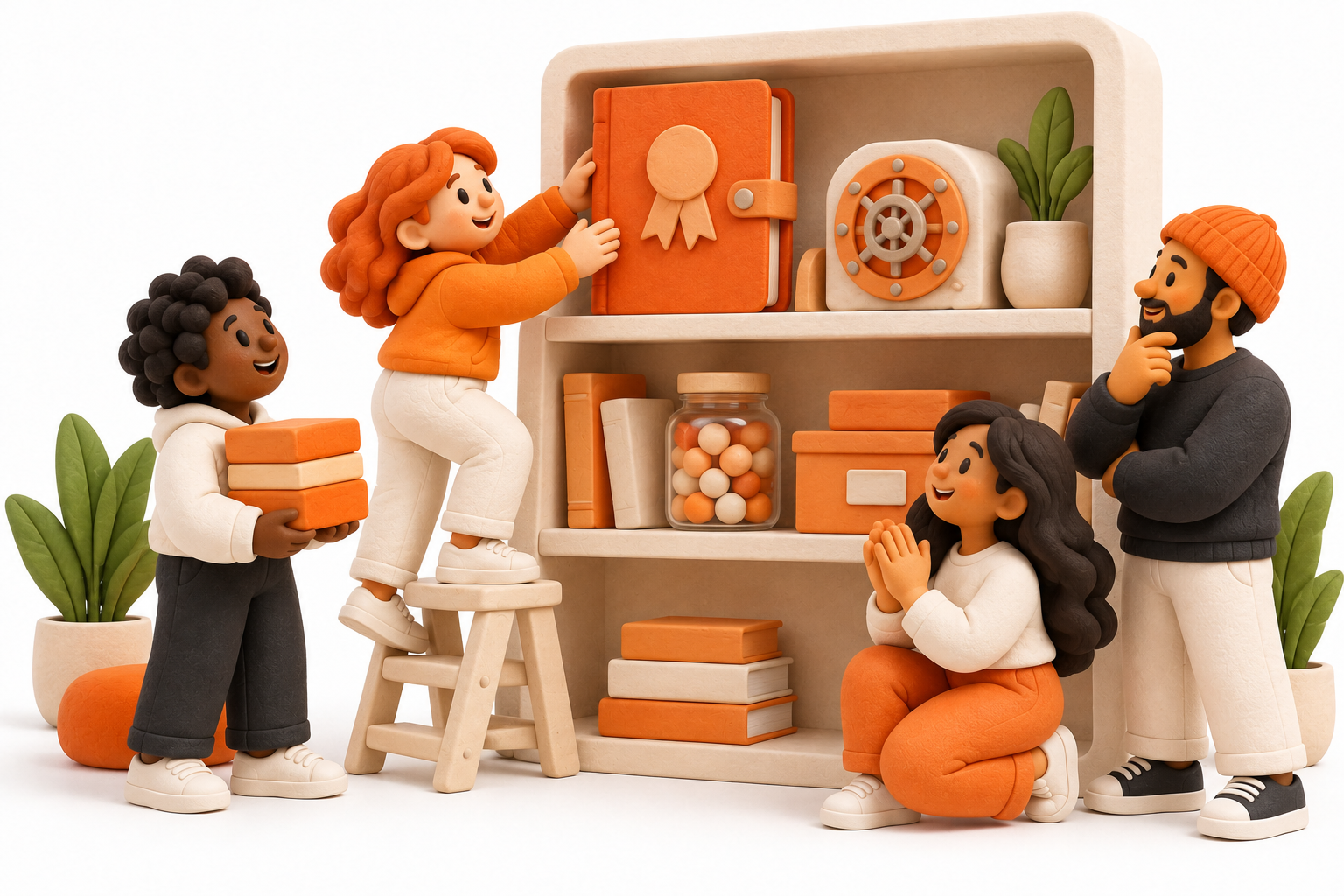 Banner: A cream archive shelf holds a completed orange seasonal journal, plain point beads and a small vault model, marking a previous points-program season.