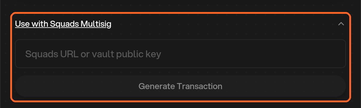 The Use with Squads Multisig section on the Direct Stake page, with the Squads URL or vault public key field and the Generate Transaction button