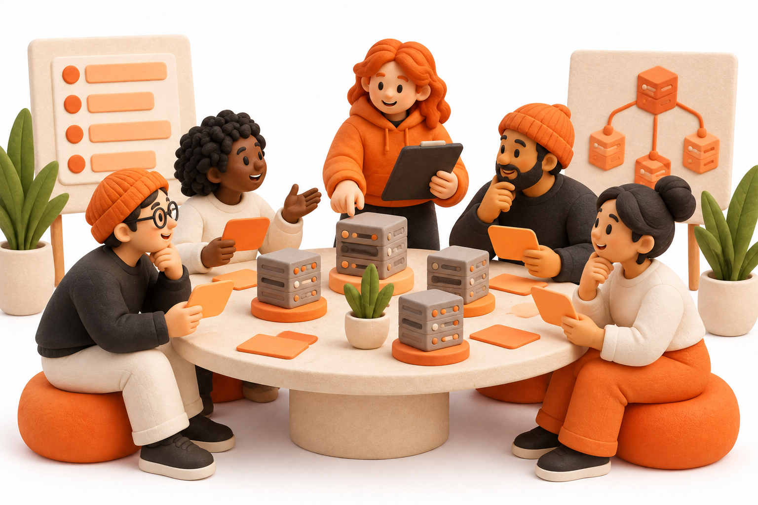 Banner: A group of technical reviewers sits at a round cream table with miniature validator server towers and blank orange application cards, focusing on validator assessment.