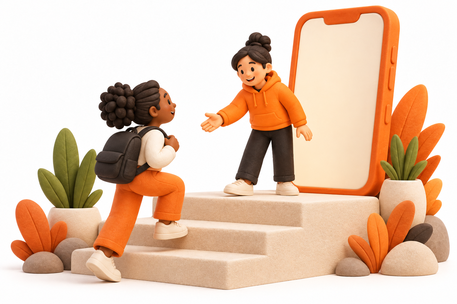 Banner: A new operator walks up three broad cream steps toward a large orange-accented phone with a blank display, welcomed by an experienced operator.