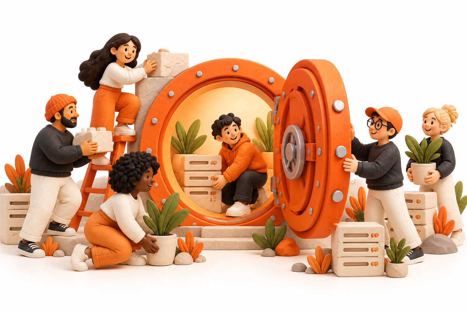Banner: A diverse community builds a welcoming open orange vault together in a bright cream miniature landscape, with small server towers and growing plants symbolizing an open staking community.