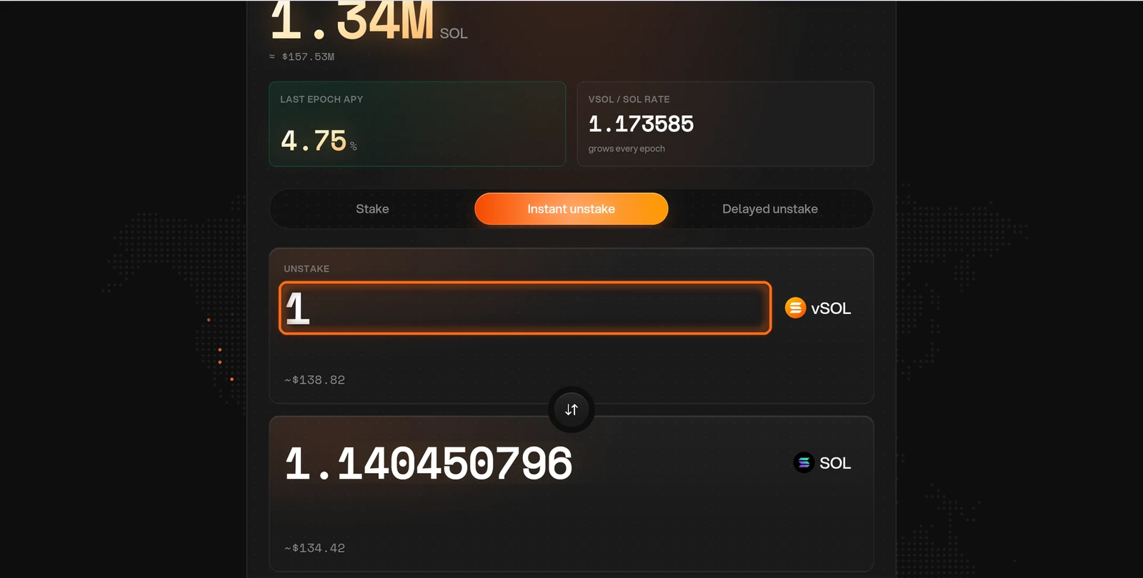 vSOL amount field with the SOL you receive
