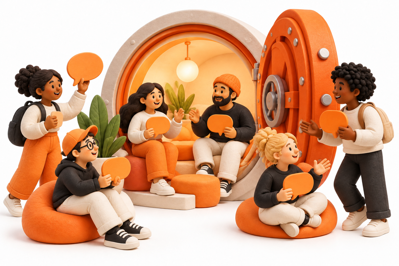 Banner: A welcoming group exchanges blank orange speech bubbles around a cream community hub shaped like an open vault.