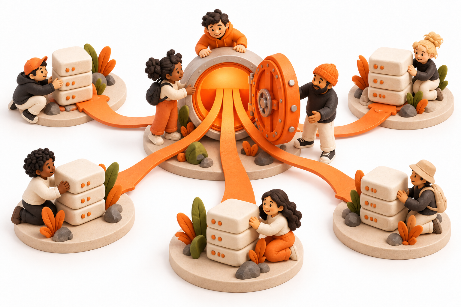 Banner: An overhead miniature landscape with a central open vault distributing orange ribbons along multiple paths to distinct clusters of cream validator servers.