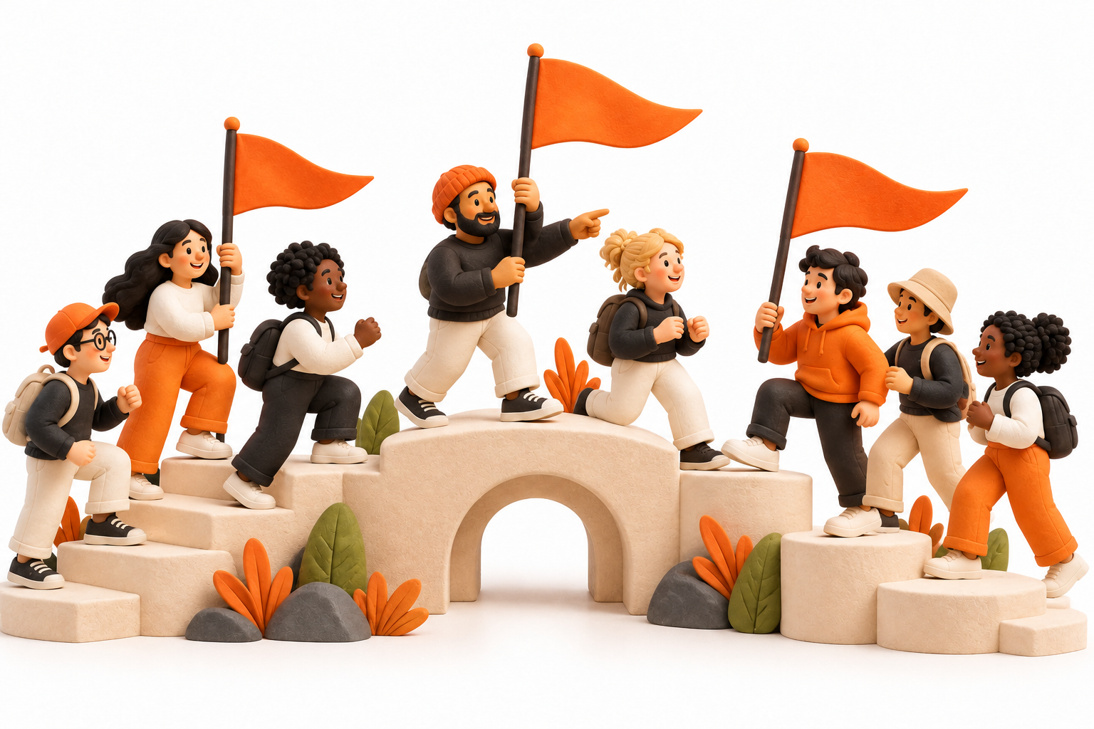 Banner: Several small friendly teams carry plain orange pennants across connected cream platforms, showing organized community groups without military imagery.