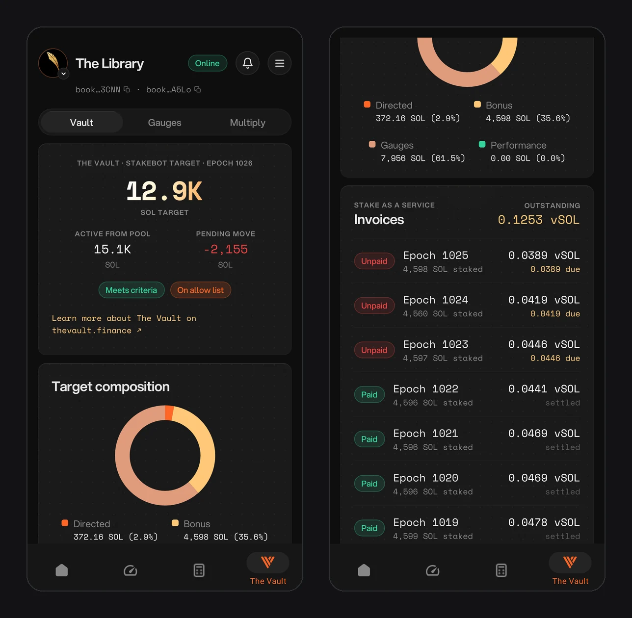 The Vault sub-tab: stakebot target, eligibility badges, target composition and Stake-as-a-Service invoices