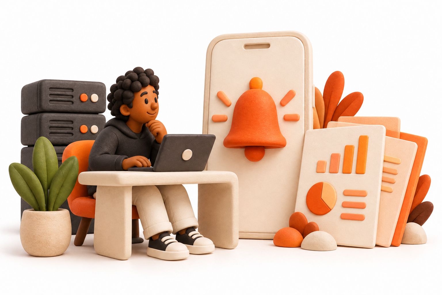 Banner: A cream smartphone, an orange bell sculpture and neatly stacked blank report cards sit beside a vigilant server operator.