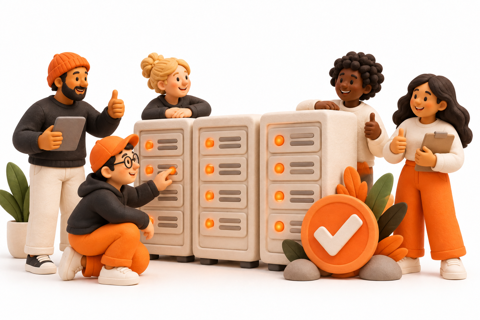 Banner: A group of diverse server operators stands beside several tidy cream server towers with orange status lamps and a small orange approval badge.