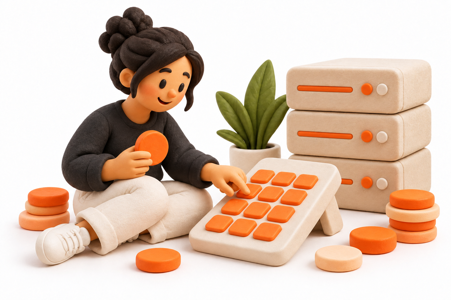 Banner: An operator uses a simple cream calculator with blank orange buttons beside a small server model and plain token discs.